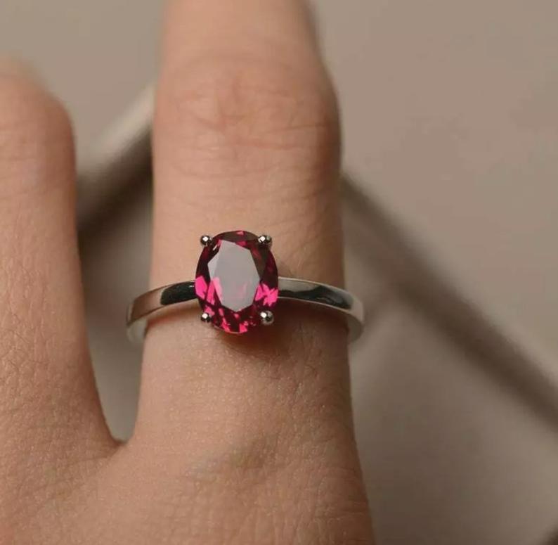 925 Sterling Silver 1 Ct Oval Cut Red Ruby Solitaire July Birthstone Ring