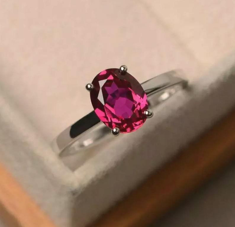 925 Sterling Silver 1 Ct Oval Cut Red Ruby Solitaire July Birthstone Ring