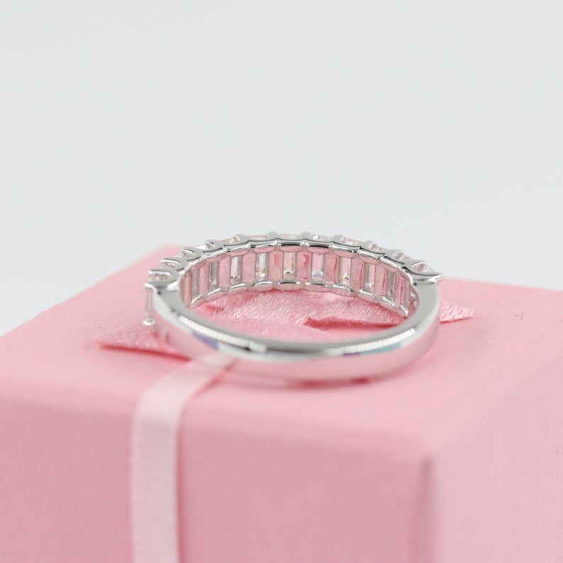 1.7 CT Emerald Cut Diamond 925 Sterling Silver Half Eternity Wedding Band Ring