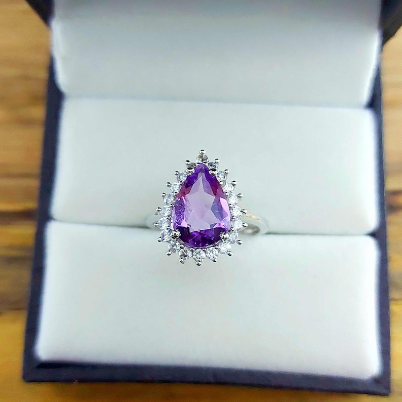 1 CT Pear Cut Amethyst Diamond 925 Sterling Silver Diamond Halo Engagement Ring Gift For Her