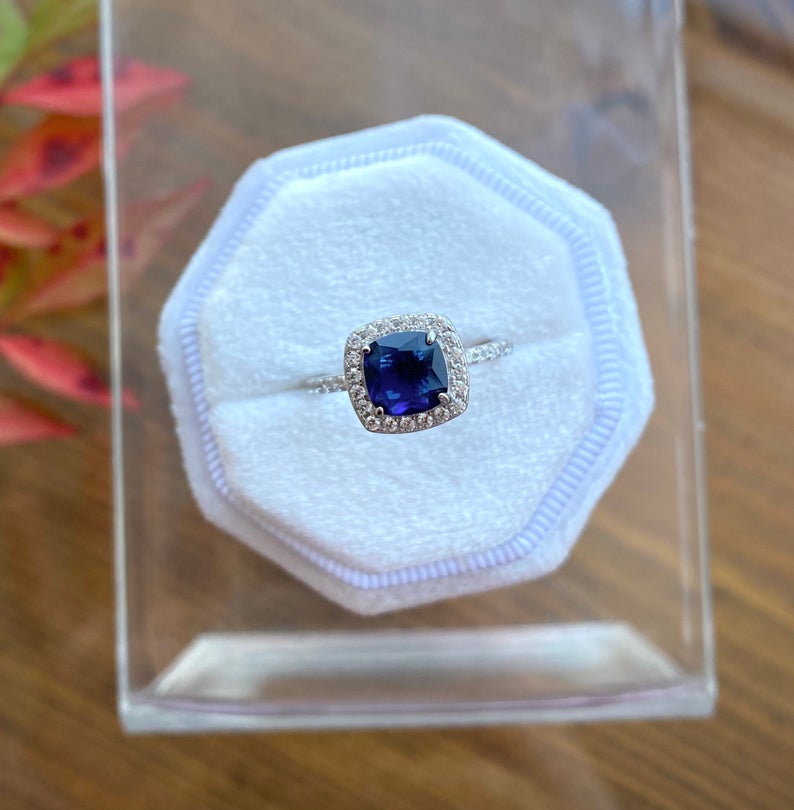 1 CT Cushion Cu Blue Sapphire Diamond 925 Sterling Silver Halo Wedding Ring