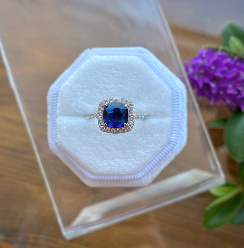 1 CT Cushion Cu Blue Sapphire Diamond 925 Sterling Silver Halo Wedding Ring