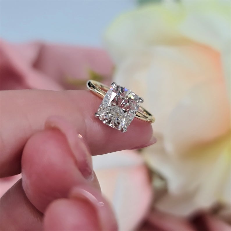 2 CT Cushion Cut Diamond Yellow Gold Over On 925 Sterling Silver Engagement Ring