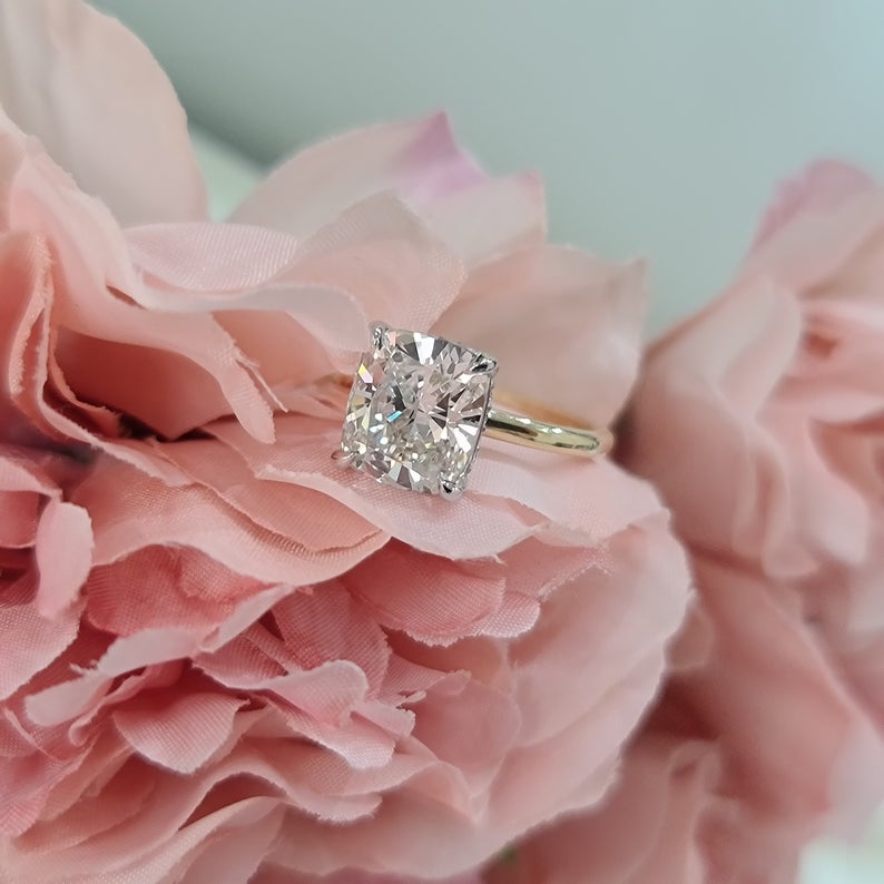 2 CT Cushion Cut Diamond Yellow Gold Over On 925 Sterling Silver Engagement Ring