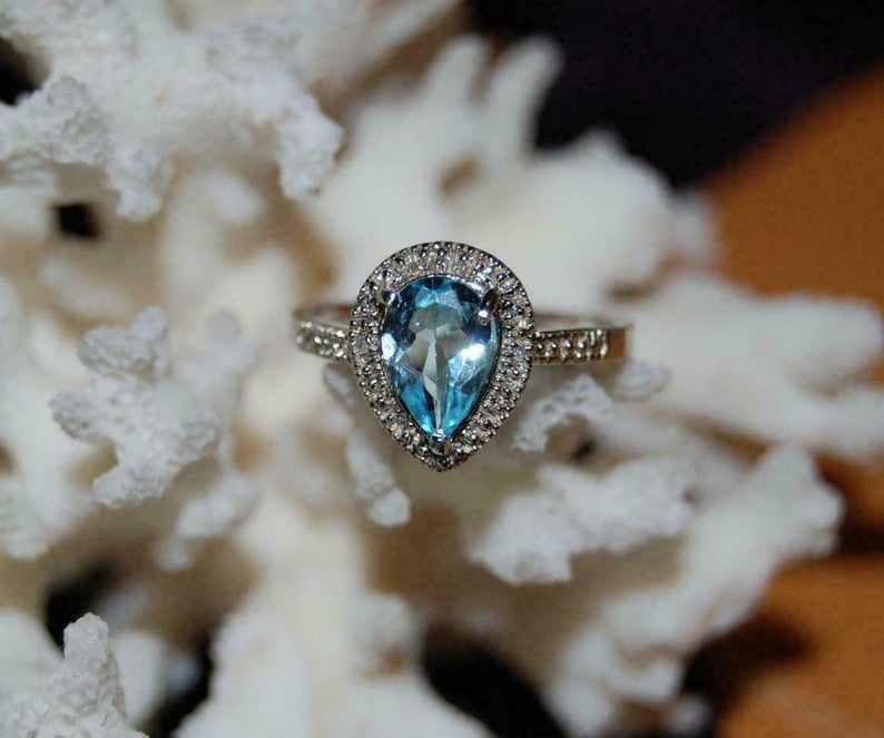 1 CT Pear Cut Blue Topaz Diamond Women Halo Wedding Ring 925 Sterling Silver - atjewels.in