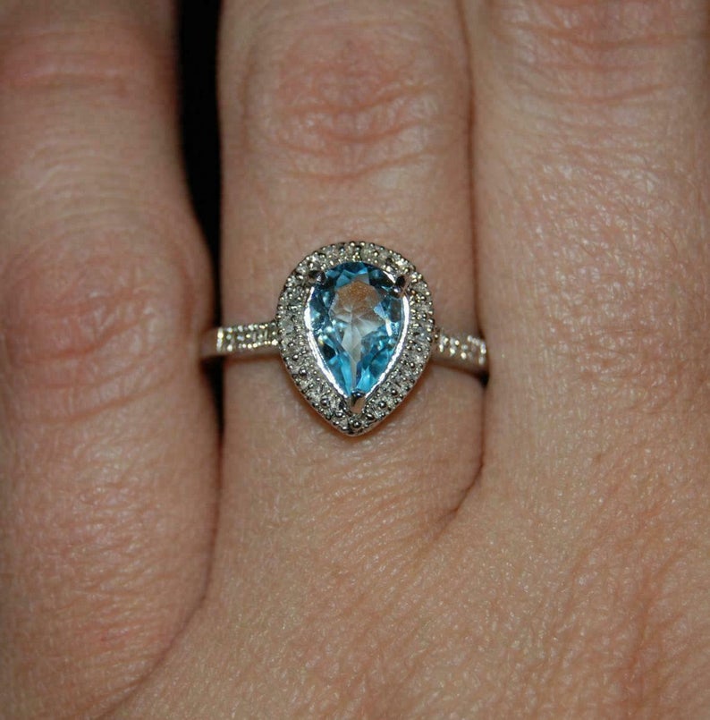1 CT Pear Cut Blue Topaz Diamond Women Halo Wedding Ring 925 Sterling Silver - atjewels.in