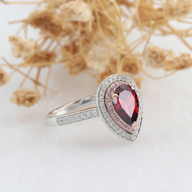 2.00 Ct Pear Cut Red Garnet & Round Pink Sapphire 925 Sterling Silver Double Halo Engagement Ring