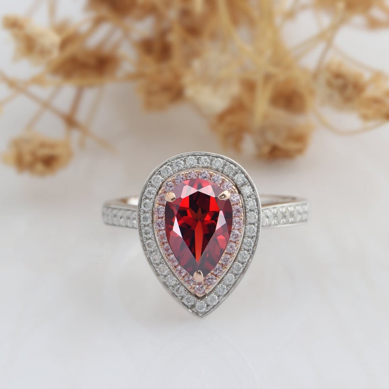 2.00 Ct Pear Cut Red Garnet & Round Pink Sapphire 925 Sterling Silver Double Halo Engagement Ring