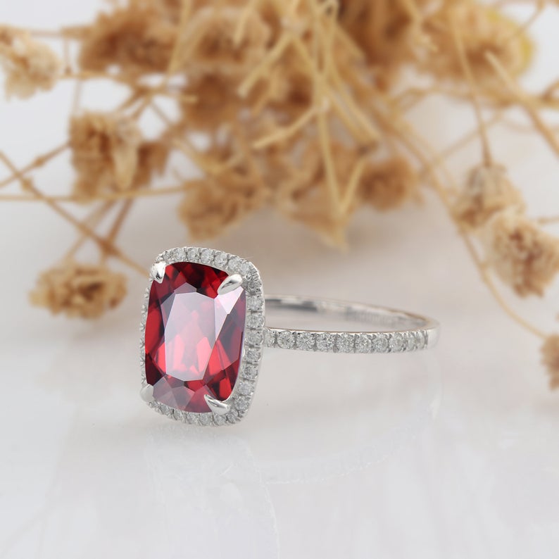 2.00 Ct Cushion Cut Red Garnet 925 Sterling Silver Halo January Birthstone Ring