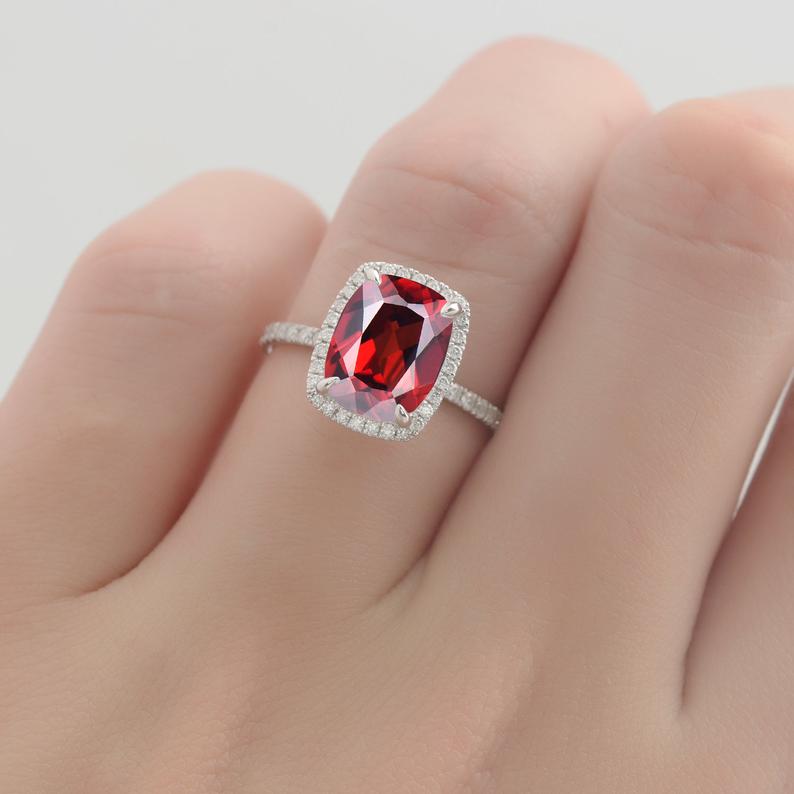 2.00 Ct Cushion Cut Red Garnet 925 Sterling Silver Halo January Birthstone Ring