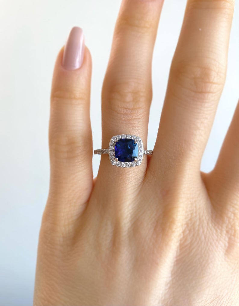 2 CT Cushion Cut Blue Sapphire Diamond 925 Sterling Silver Halo Engagement Ring
