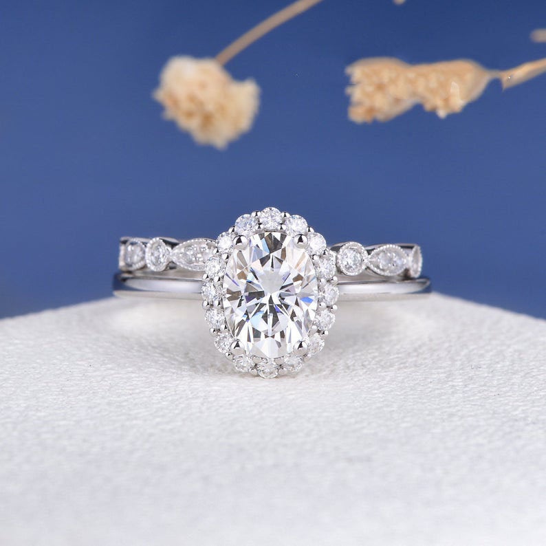 2 CT Oval Cut White Diamond White Gold Over On 925 Sterling Silver Halo Wedding Bridal Ring Set