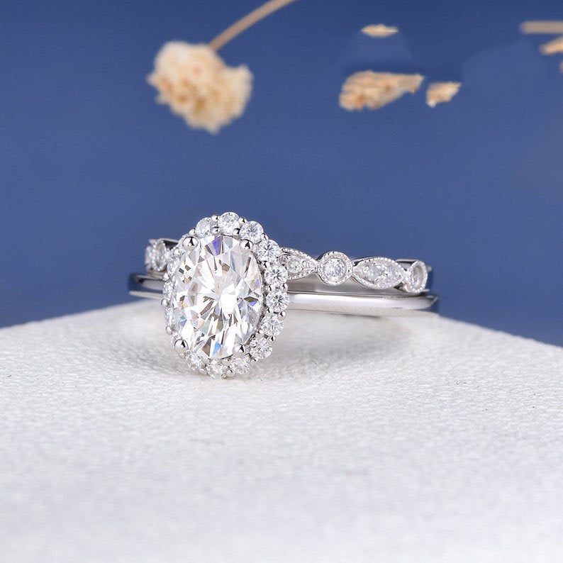 2 CT Oval Cut White Diamond White Gold Over On 925 Sterling Silver Halo Wedding Bridal Ring Set