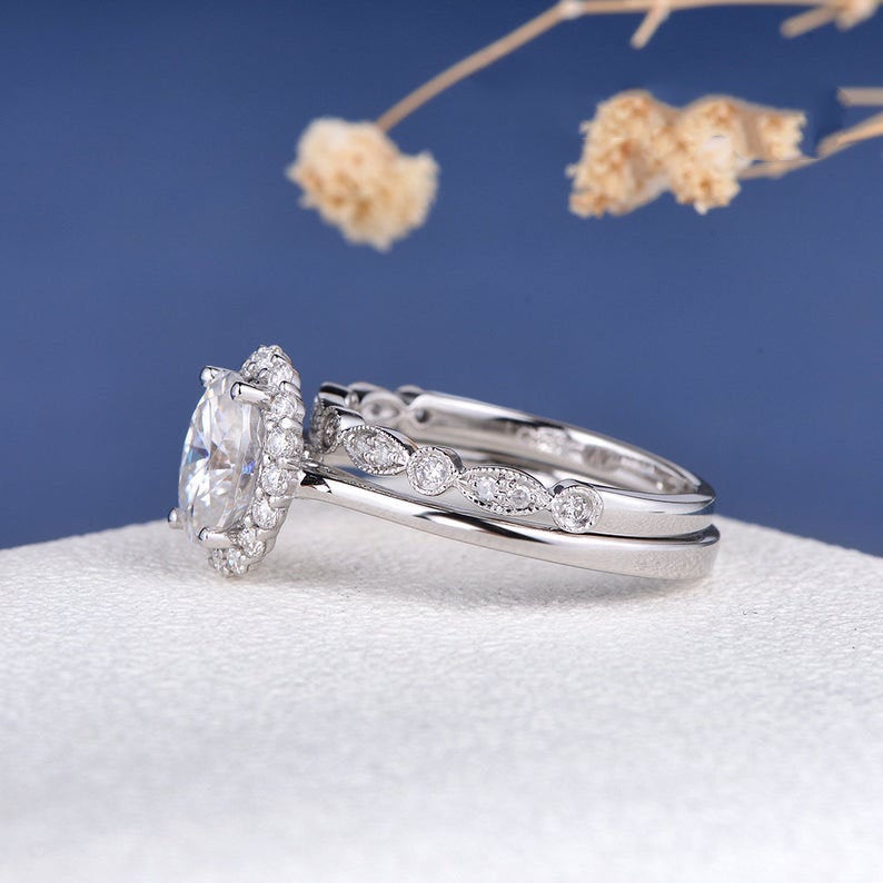 2 CT Oval Cut White Diamond White Gold Over On 925 Sterling Silver Halo Wedding Bridal Ring Set