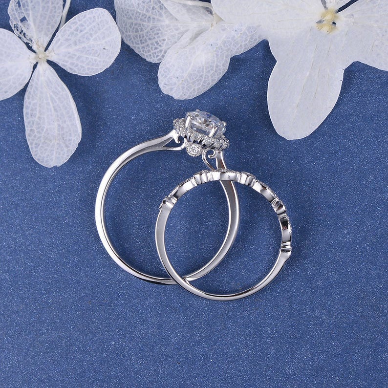 2 CT Oval Cut White Diamond White Gold Over On 925 Sterling Silver Halo Wedding Bridal Ring Set