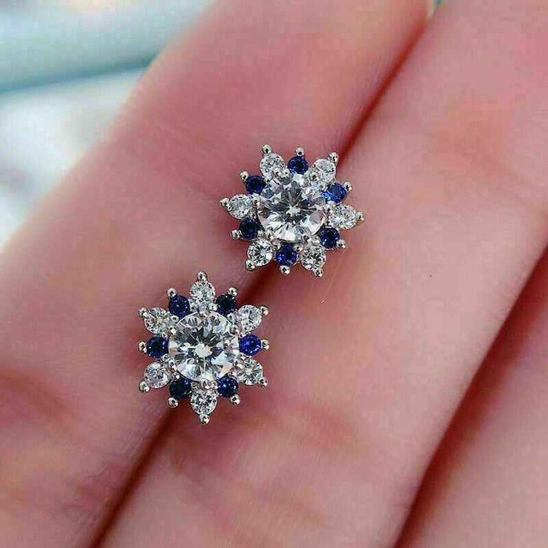 2.10 Ct Round Cut Blue Sapphire & White CZ 925 Sterling Silver Floral Cluster Earrings
