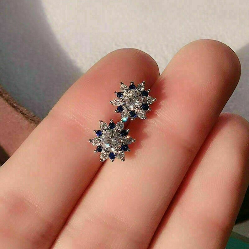 2.10 Ct Round Cut Blue Sapphire & White CZ 925 Sterling Silver Floral Cluster Earrings