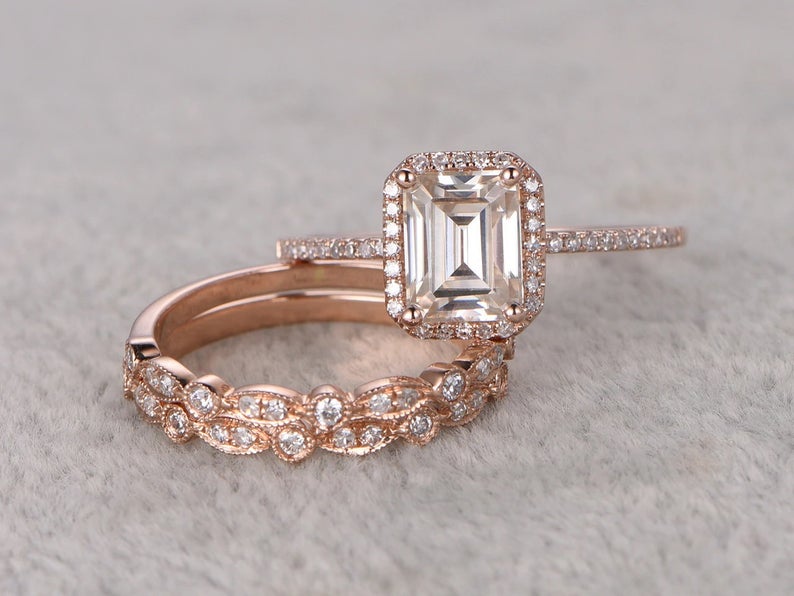 1 CT Emerald Cut Diamond Rose Gold Over On 925 Sterling Silver Engagement Trio Ring Set