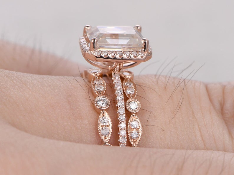 1 CT Emerald Cut Diamond Rose Gold Over On 925 Sterling Silver Engagement Trio Ring Set