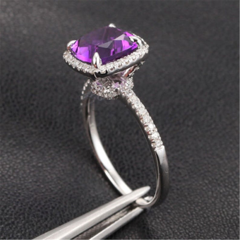 2 CT Cushion Cut Amethyst Diamond 925 Sterling Silver Halo Anniversary Ring - atjewels.in