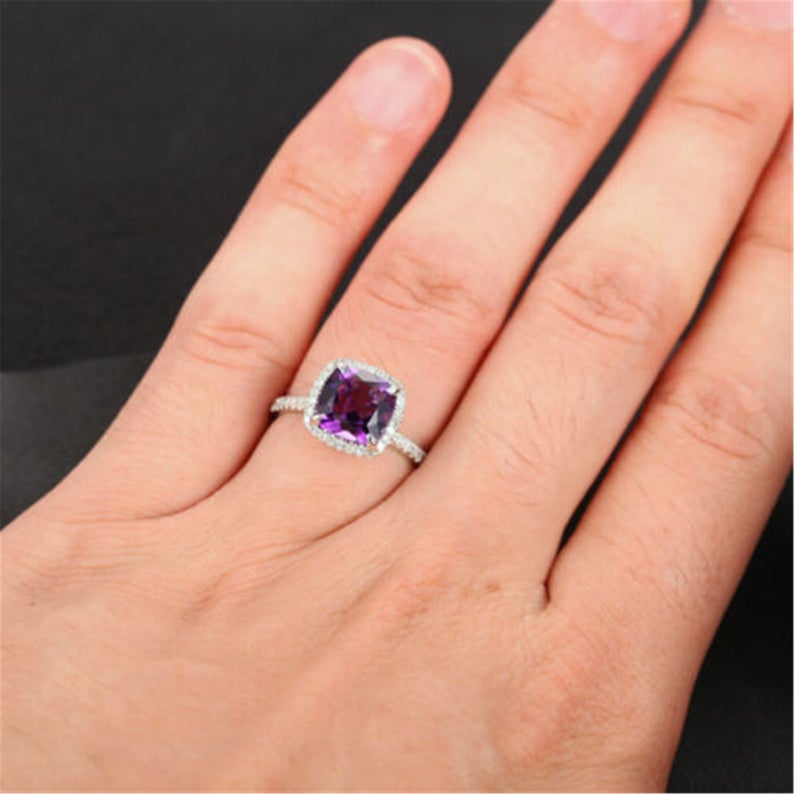 2 CT Cushion Cut Amethyst Diamond 925 Sterling Silver Halo Anniversary Ring - atjewels.in