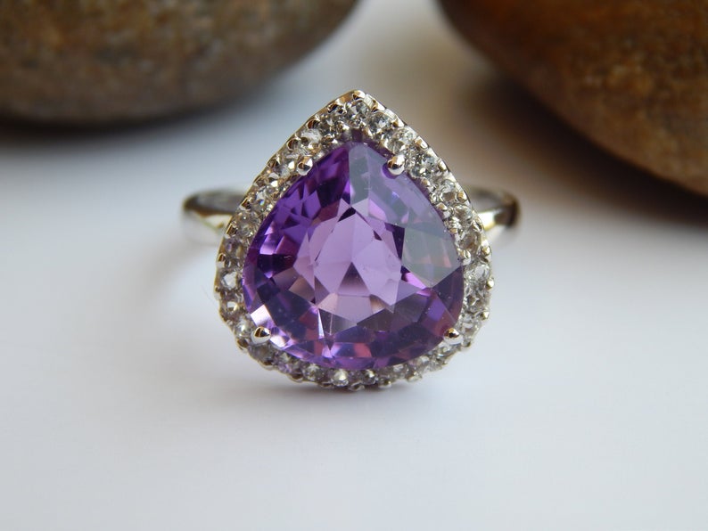 3 CT Pear Cut Amethyst Diamond 925 Sterling Silver Halo Anniversary Ring