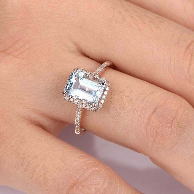 1 CT Emerald Cut Aquamarine Diamond 925 Sterling Silver Halo Wedding Ring
