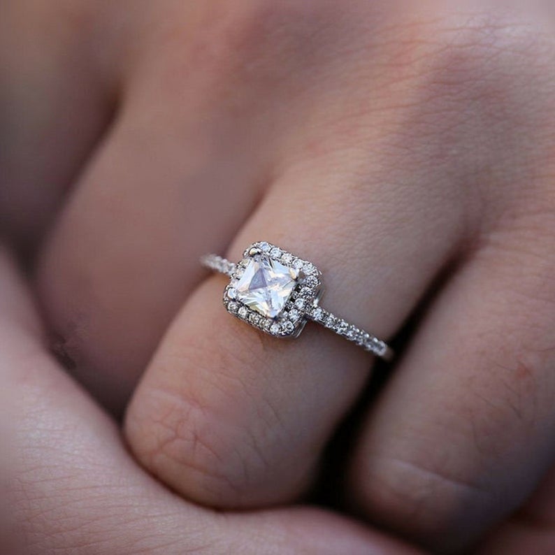1.5 CT Princess Cut Diamond 925 Sterling Silver Halo Wedding Ring