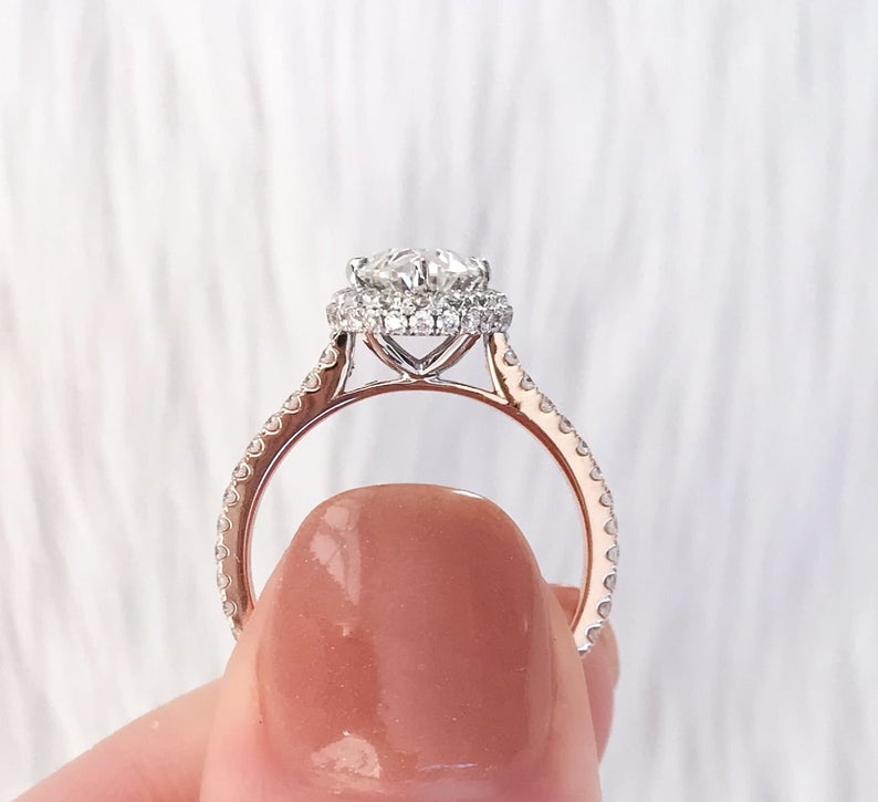 1.5 CT Oval Cut Diamond Rose Gold Over On 925 Sterling Silver Halo Anniversary Ring