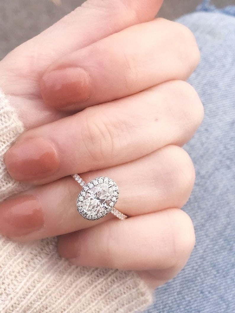 1.5 CT Oval Cut Diamond Rose Gold Over On 925 Sterling Silver Halo Anniversary Ring