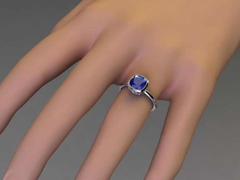 1 CT Cushion Cut Blue Sapphire Diamond White Gold Over On 925 Sterling Silver Solitaire With Accents Ring