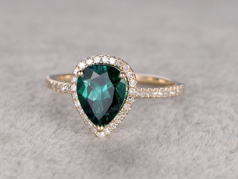 2.10 Ct Pear Cut Green Emerald Yellow Gold Over On 925 Sterling Silver Halo Anniversary Ring