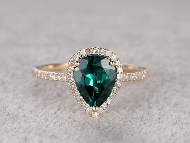 2.10 Ct Pear Cut Green Emerald Yellow Gold Over On 925 Sterling Silver Halo Anniversary Ring