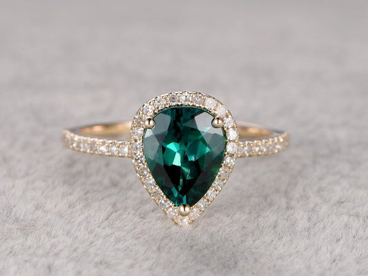 2.10 Ct Pear Cut Green Emerald Yellow Gold Over On 925 Sterling Silver Halo Anniversary Ring