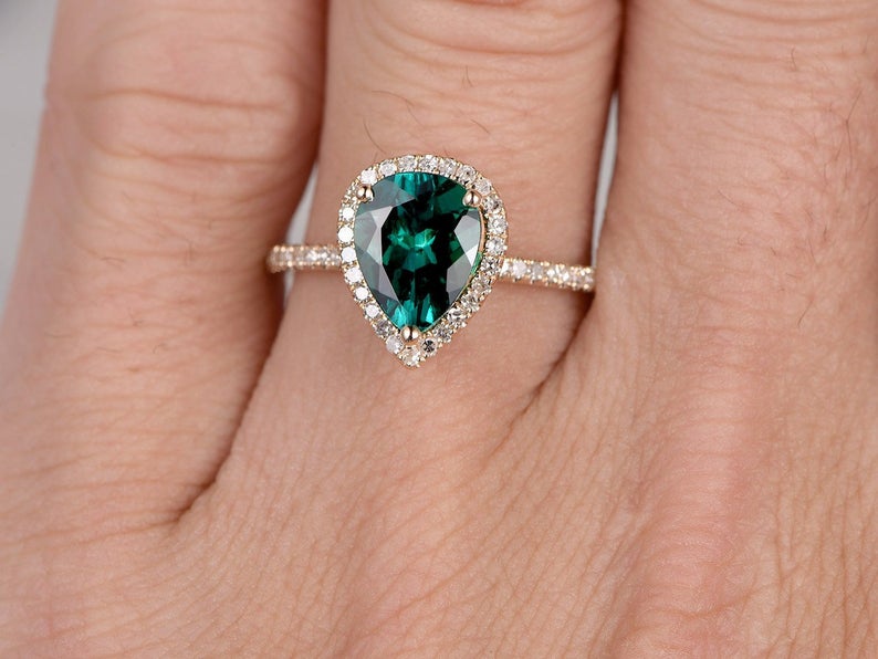 2.10 Ct Pear Cut Green Emerald Yellow Gold Over On 925 Sterling Silver Halo Anniversary Ring