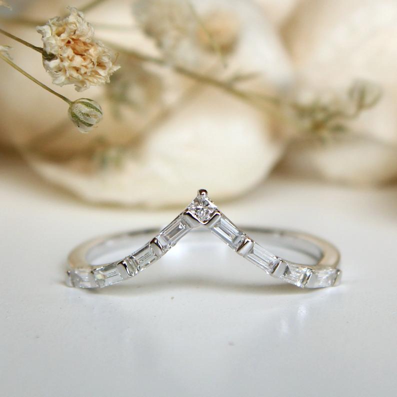 1.20 Ct Baguette Cut Diamond 925 Sterling Silver V Shape Engagement Band Ring
