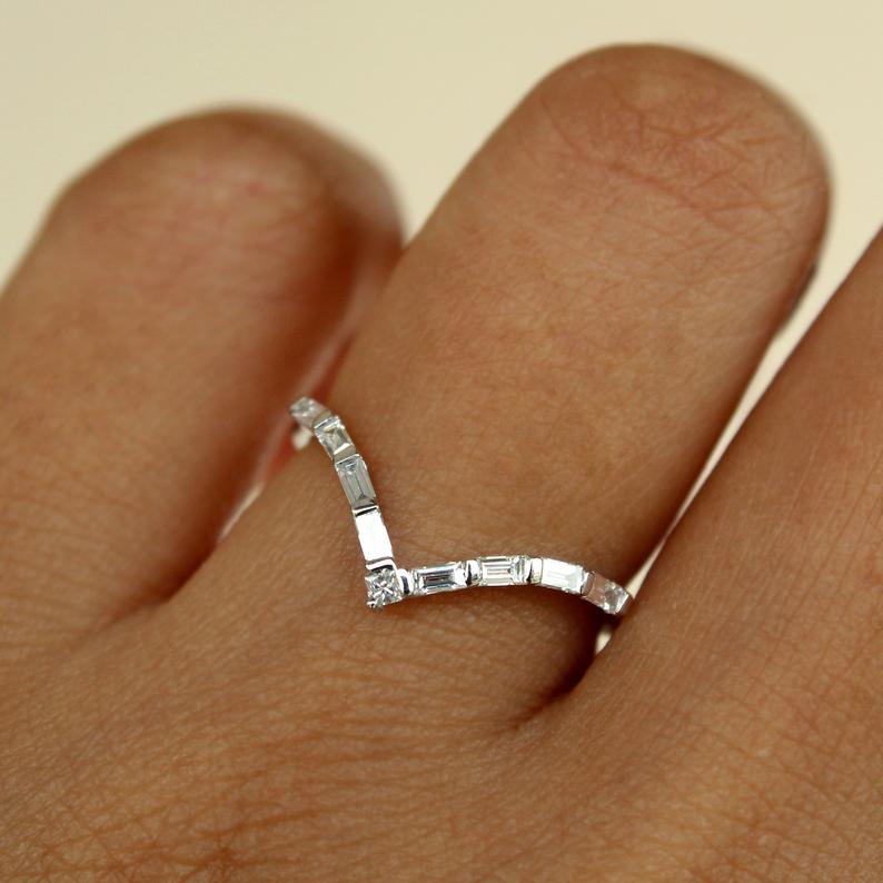 1.20 Ct Baguette Cut Diamond 925 Sterling Silver V Shape Engagement Band Ring