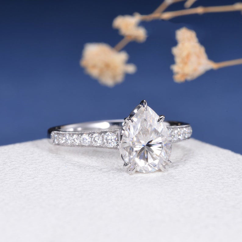 1 CT Pear Cut White Diamond 925 Sterling Silver Solitaire With Accents Ring
