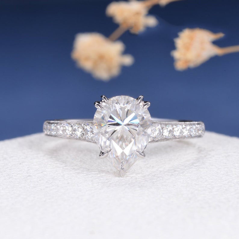 1 CT Pear Cut White Diamond 925 Sterling Silver Solitaire With Accents Ring