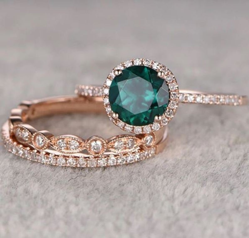 1 CT Round Cut Emerald Diamond 925 Sterling Silver Halo Wedding Trio Ring Set