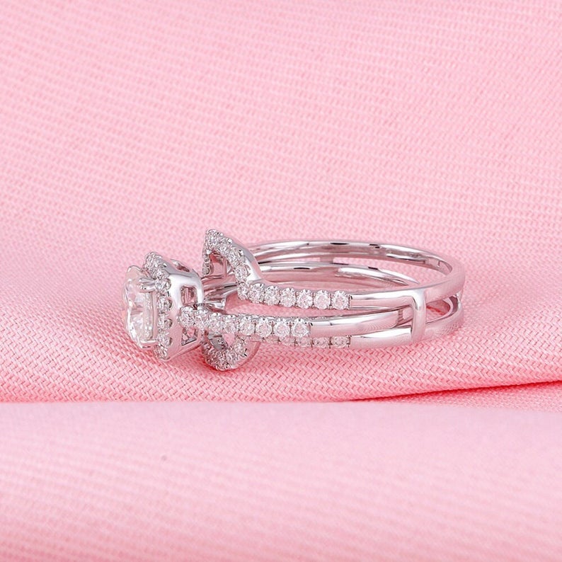 2 CT Cushion Cut White Diamond White Gold Over On 925 Sterling Silver Halo Wedding Bridal Ring Set