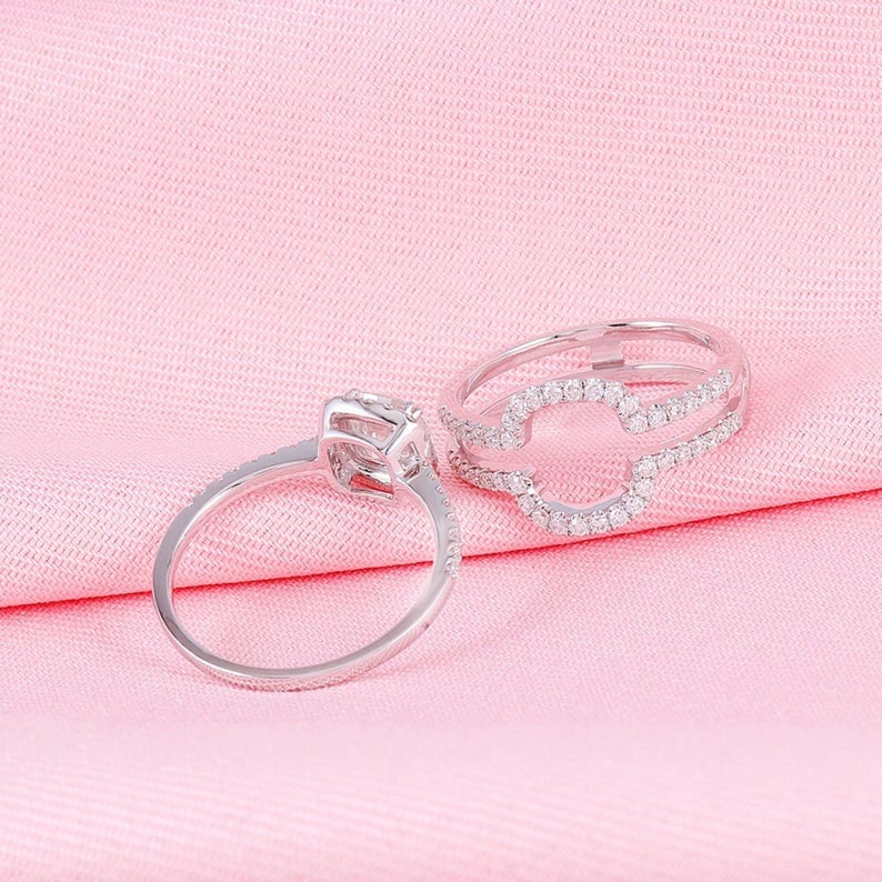 2 CT Cushion Cut White Diamond White Gold Over On 925 Sterling Silver Halo Wedding Bridal Ring Set