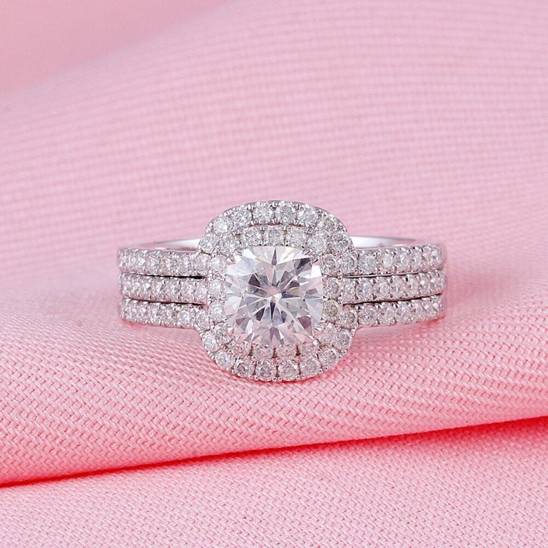 2 CT Cushion Cut White Diamond White Gold Over On 925 Sterling Silver Halo Wedding Bridal Ring Set