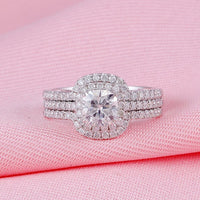 2 CT Cushion Cut White Diamond White Gold Over On 925 Sterling Silver Halo Wedding Bridal Ring Set