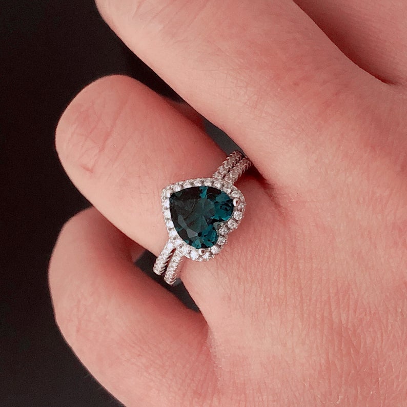 1 CT Heart Cut Blue Topaz Diamond 925 Sterling Silver Halo Promise Ring