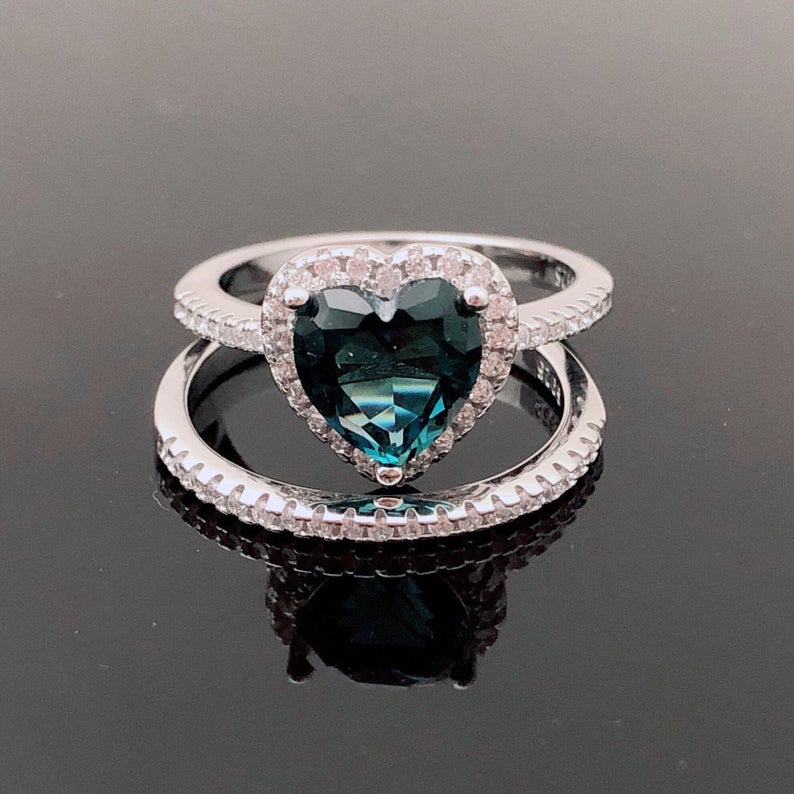 1 CT Heart Cut Blue Topaz Diamond 925 Sterling Silver Halo Promise Ring