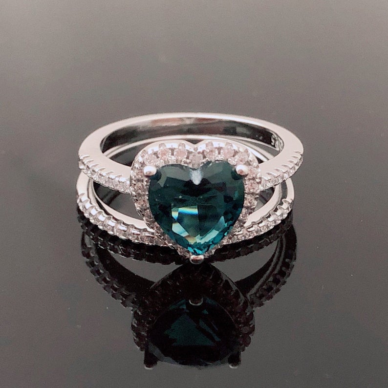 1 CT Heart Cut Blue Topaz Diamond 925 Sterling Silver Halo Promise Ring