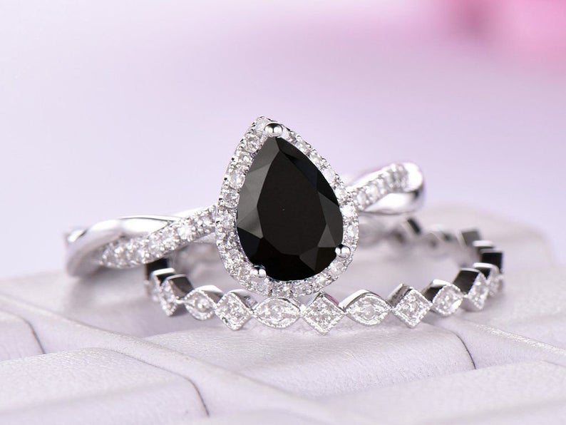 2.75 CT Pear Cut Black Diamond Infinity Promise Band Ring Set In 925 Sterling Silver