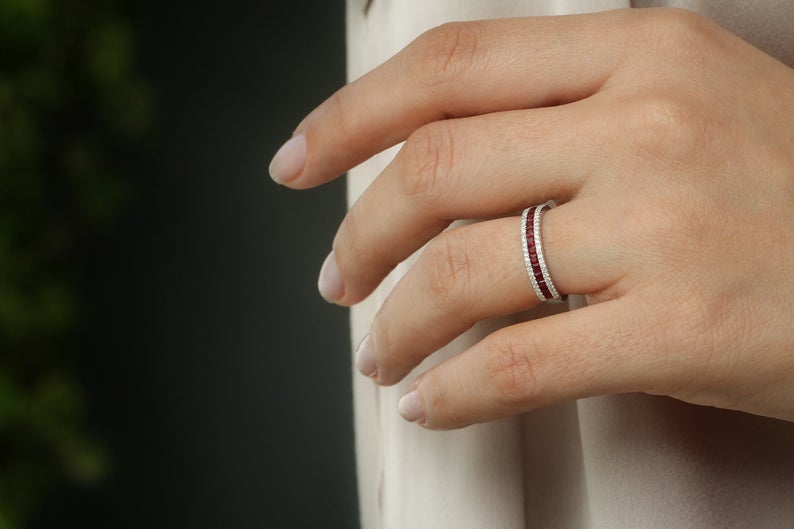 1.20 Ct Princess Cut Red Ruby 925 Sterling Silver Half Eternity Engagement Band Ring