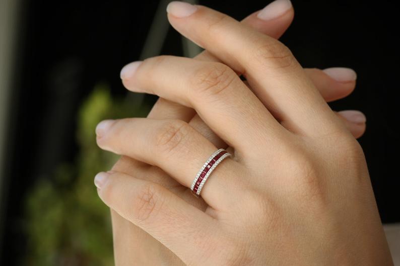 1.20 Ct Princess Cut Red Ruby 925 Sterling Silver Half Eternity Engagement Band Ring